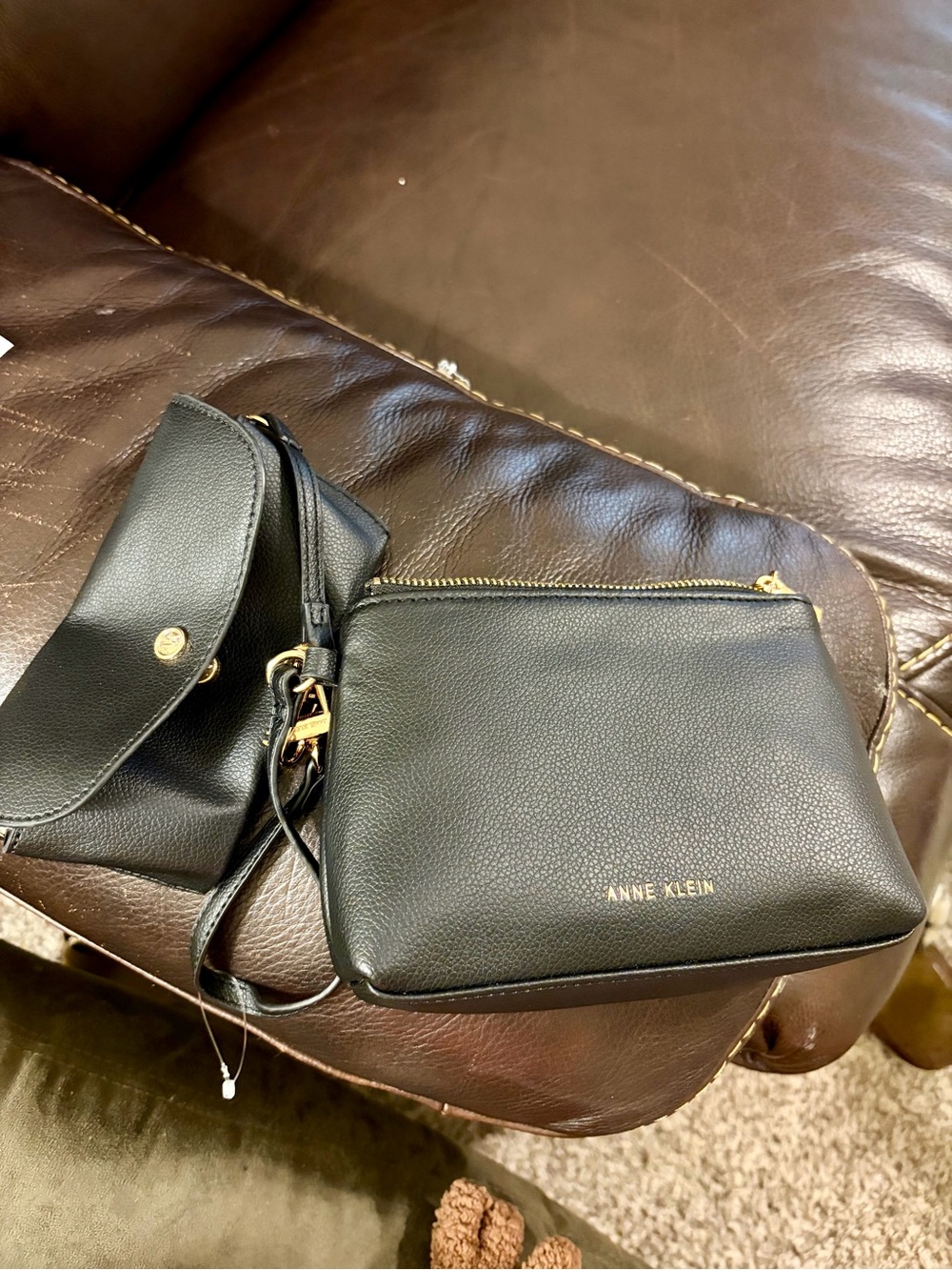 Anne Klein Black Pebbled Leather Two-Piece Crossbody Set